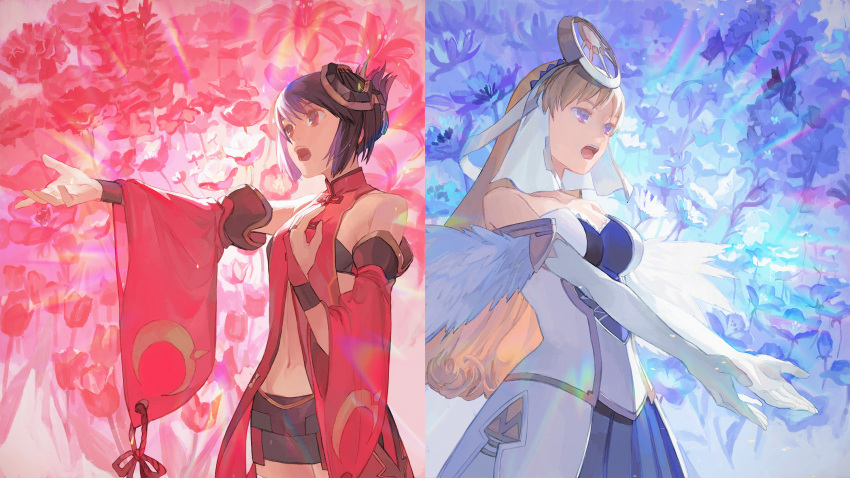 2girls ar_tonelico ar_tonelico_ii bandeau bangs bare_shoulders blonde_hair blue_eyes blue_flower blue_hair breasts bridal_gauntlets chroche_latel_pastalie collarbone commentary cowboy_shot crescent detached_sleeves elbow_gloves feather_trim floral_background flower gloves hair_ornament hand_on_own_chest headgear high_collar highres large_breasts long_hair looking_away luca_truelywaath machibari2 miniskirt multiple_girls music navel open_mouth outstretched_arm outstretched_arms red_eyes red_flower short_hair singing skirt small_breasts strapless white_gloves wide_sleeves