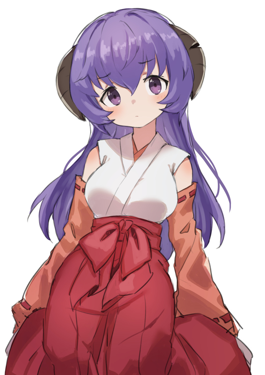 1girl breasts demon_girl demon_horns detached_sleeves gazacy_(dai) hakama hakama_pants hanyuu highres higurashi_no_naku_koro_ni horns japanese_clothes kneeling miko pants purple_hair red_hakama red_sleeves shirt simple_background solo violet_eyes white_background white_shirt