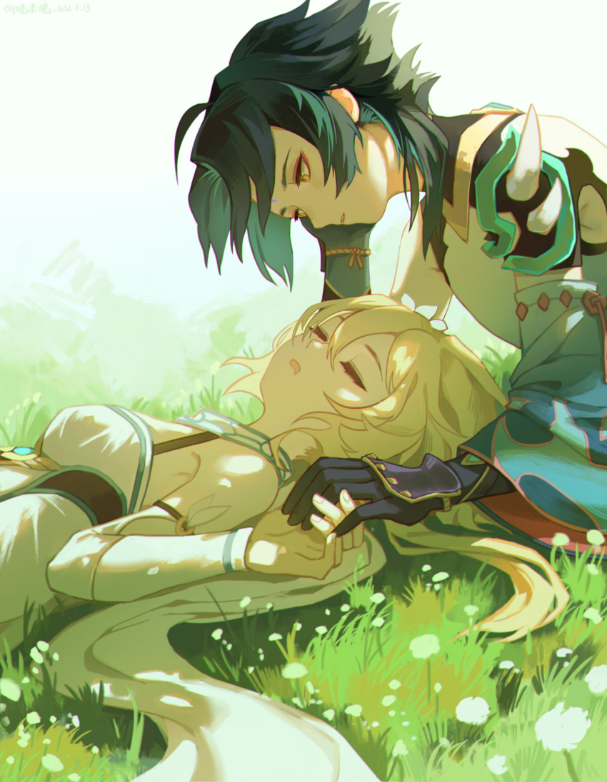 1boy 1girl absurdres ahoge arm_guards armor bangs black_gloves black_hair blonde_hair breasts closed_eyes dappled_sunlight day detached_sleeves drooling elbow_rest eyeliner eyeshadow field flower flower_field genshin_impact gloves grass green_hair hand_on_own_cheek hand_on_own_face head_rest highres holding_hands long_hair looking_at_another looking_away looking_down lumine_(genshin_impact) lying makeup multicolored_hair nature on_back on_ground on_stomach parted_bangs pauldrons short_hair_with_long_locks shoulder_armor spikes sunlight two-tone_hair upper_body xiang_wan_wei_wan xiao_(genshin_impact) yellow_eyes