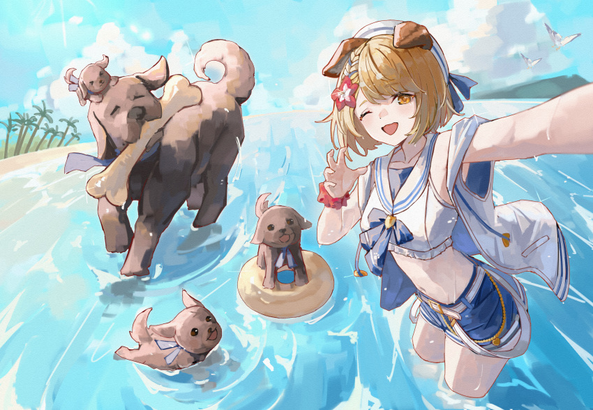 1girl absurdres animal_ears bird blonde_hair blue_footwear bone cellphone clouds crop_top day dog dog_ears flower garjana granblue_fantasy hair_flower hair_ornament hat highres jacket midriff mountain navel one_eye_closed open_mouth outdoors phone puppy reaching_out sailor_collar scrunchie selfie shiro_wa_(shiroshironix) shirt short_hair sleeveless sleeveless_jacket sleeveless_shirt smartphone smile solo vajra_(granblue_fantasy) wading water white_headwear white_jacket white_shirt wrist_scrunchie yellow_eyes