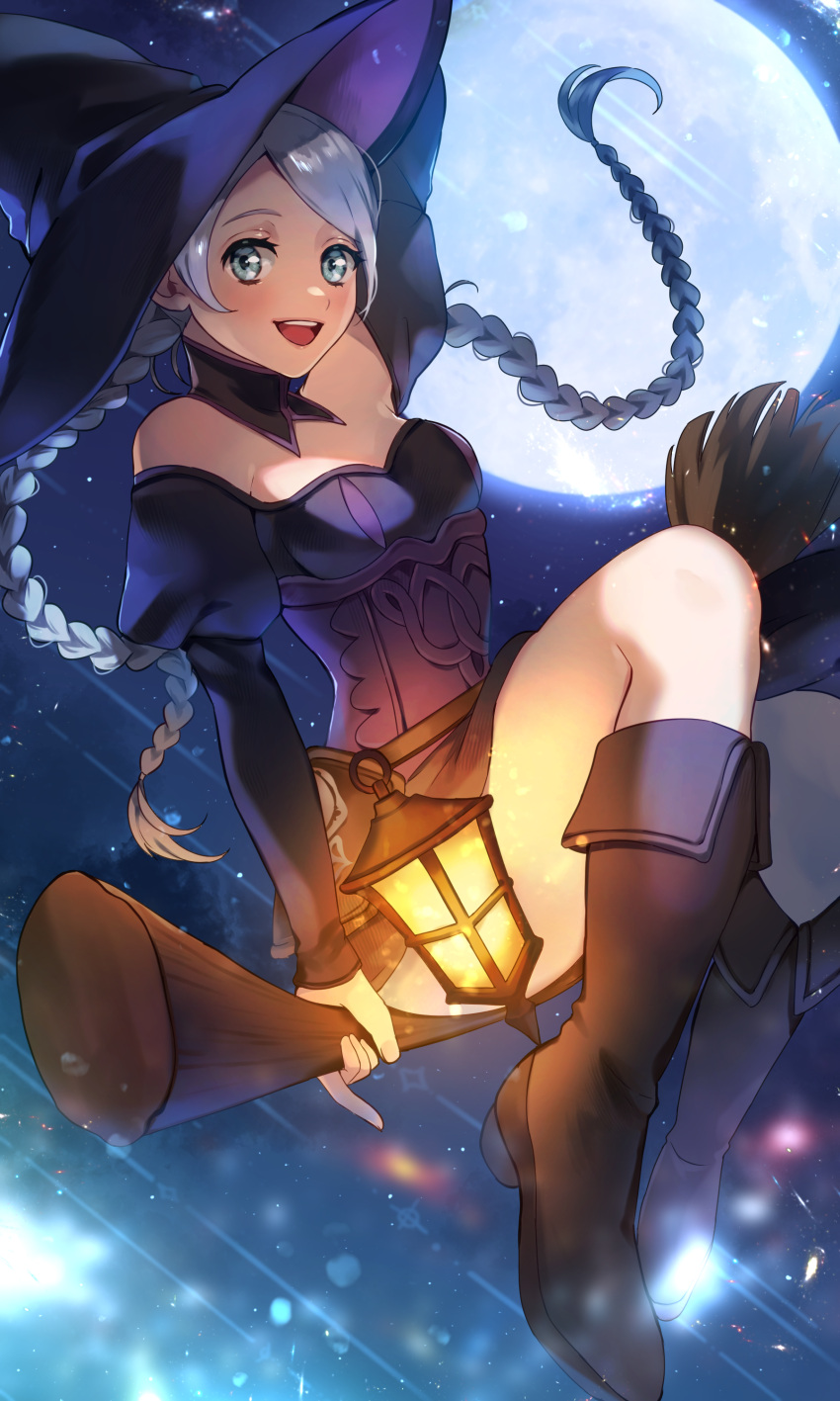 1girl absurdres alternate_costume arm_up ass bangs blue_eyes boots braid breasts broom broom_riding commission commissioner_upload detached_collar fire_emblem fire_emblem_fates full_body full_moon hat highres knee_boots lantern leather leather_boots looking_at_viewer medium_breasts moon night night_sky nina_(fire_emblem) open_mouth skeb_commission sky star_(sky) teeth thighs twin_braids upper_teeth wawatiku witch witch_hat
