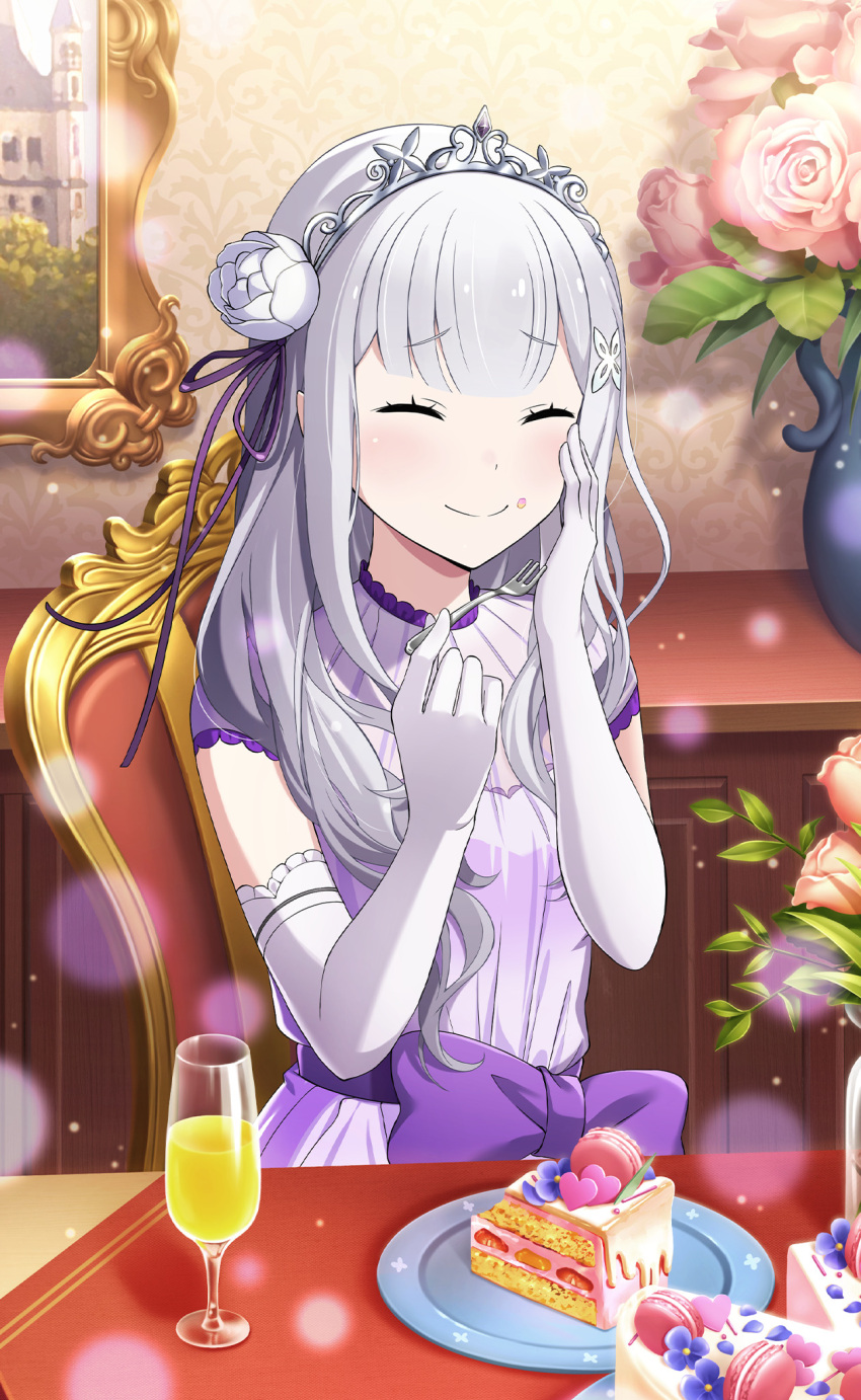 1girl alternate_costume cake cake_slice chair closed_eyes cup dress drinking_glass eating elbow_gloves emilia_(re:zero) flower food food_on_face fork gloves hands_on_own_cheeks hands_on_own_face highres holding holding_fork indoors long_hair macaron official_art orange_juice pink_flower pink_rose plate purple_dress re:zero_kara_hajimeru_isekai_seikatsu re:zero_kara_hajimeru_isekai_seikatsu:_lost_in_memories rose short_sleeves tiara white_flower white_gloves white_hair