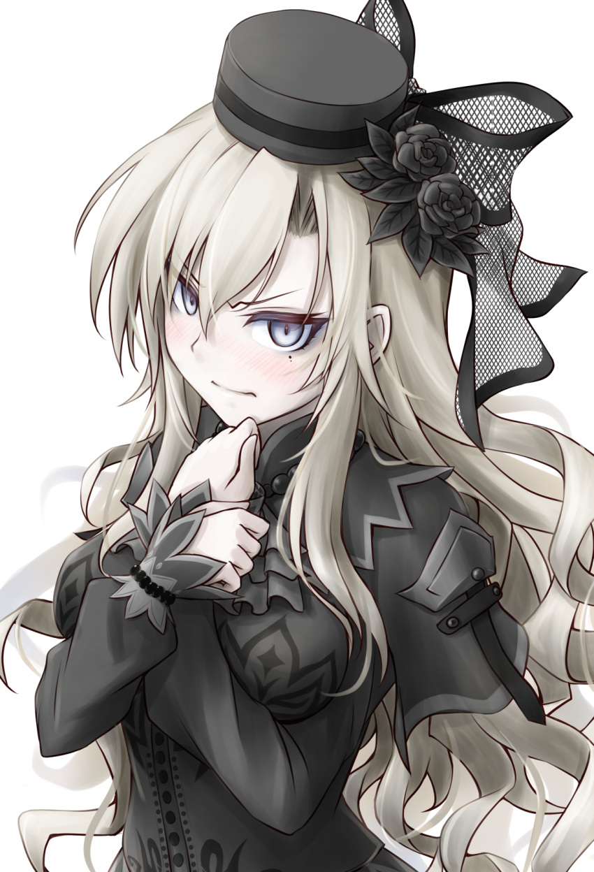 1girl bangs black_dress black_flower black_headwear black_rose blue_eyes blush breasts closed_mouth commentary_request dress eyebrows_visible_through_hair fate/grand_order fate_(series) flower grey_hair hat hat_flower highres kriemhild_(fate) large_breasts long_hair long_sleeves looking_at_viewer meihemu mole mole_under_eye rose simple_background solo veil very_long_hair white_background