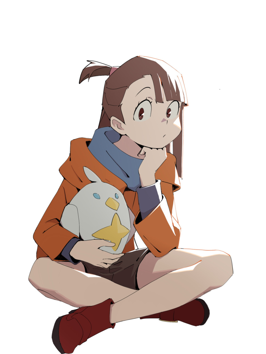 1girl :/ absurdres alcor_(little_witch_academia) asymmetrical_bangs bangs blue_scarf blue_shirt blunt_bangs boots brown_hair brown_shorts closed_mouth coat crossed_legs full_body hair_tie highres holding holding_stuffed_toy kagari_atsuko little_witch_academia long_hair long_sleeves looking_at_viewer one_side_up orange_coat psylduck red_eyes red_footwear scarf shirt shorts simple_background sitting solo straight_hair stuffed_animal stuffed_toy tareme white_background