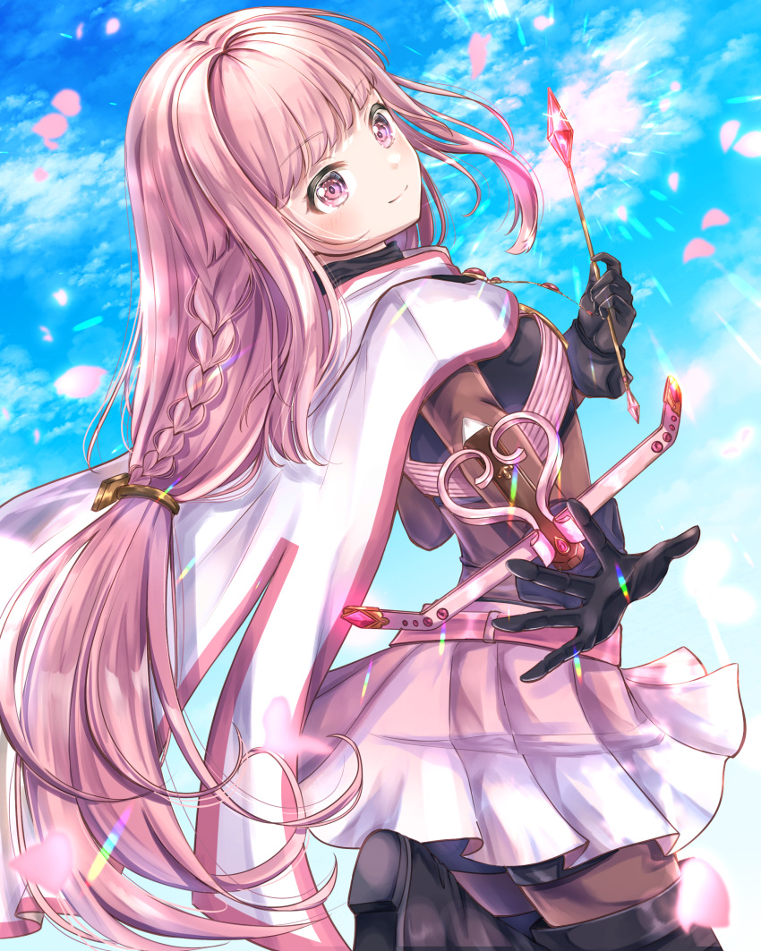 1girl absurdres bangs belt black_footwear black_gloves black_shirt black_shorts blunt_bangs blush bodystocking boots braid cherry_blossoms cloak crop_top crossbow crossbow_bolts day gem gloves hairband highres hood hood_up hooded_cloak long_hair low-tied_long_hair magia_record:_mahou_shoujo_madoka_magica_gaiden magical_girl mahou_shoujo_madoka_magica pink_eyes pink_hair pink_skirt pleated_skirt shirt shorts shorts_under_skirt sidelocks skirt smile solo tamaki_iroha thigh_boots ukiukikiwi2525 very_long_hair white_cloak