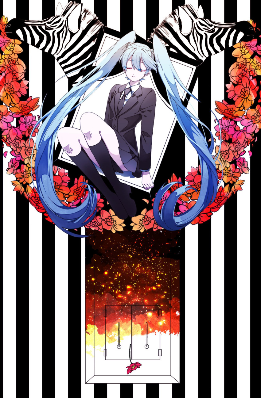 1girl arms_at_sides black_legwear black_necktie black_skirt black_suit blue_hair closed_eyes coffin collared_shirt dress_suit eiku embers flat_chest flower formal framed hatsune_miku highres iei kneehighs knees_up long_hair miniskirt necktie parted_lips red_flower saihate_(vocaloid) school_uniform shirt sitting skirt smoke solo striped striped_background suit through_photo twintails very_long_hair vocaloid zebra