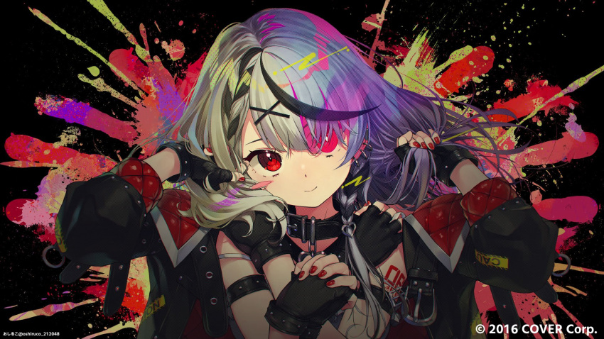 1girl arm_strap arm_tattoo bangs black_collar black_gloves black_hair black_jacket braid chimera_(vocaloid) closed_mouth collar ear_piercing extra_arms fingerless_gloves gloves grey_hair hair_ornament hands_on_own_shoulders highres holding holding_hair hololive jacket long_sleeves nail_polish official_art open_clothes open_jacket oshiruko_(oshiruco_212048) own_hands_together paint_splatter piercing red_eyes red_nails sakamata_chloe smile solo tattoo virtual_youtuber x_hair_ornament