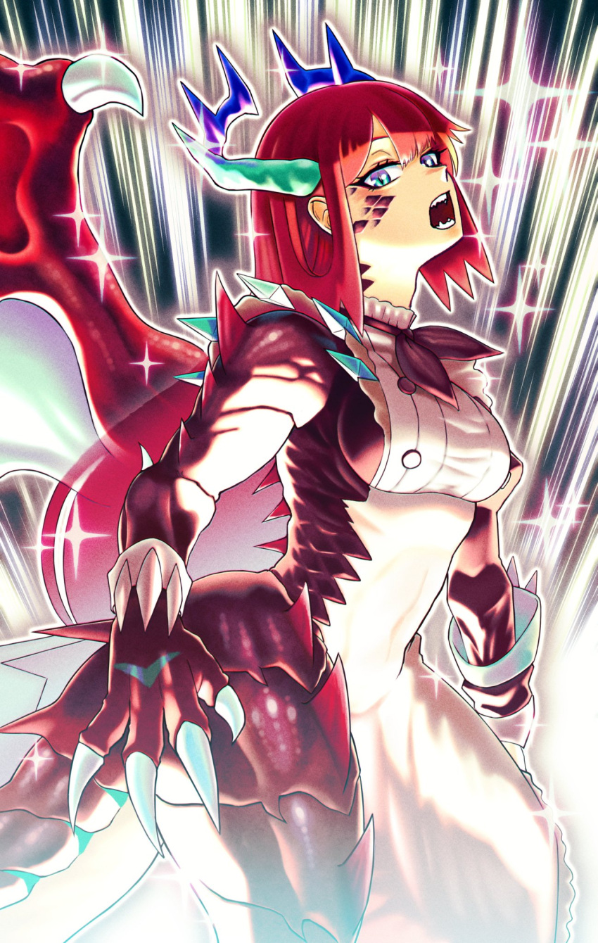 1girl apron bangs blue_eyes breasts brown_dress brown_neckerchief claws commentary_request cowboy_shot dragon_girl dragon_horns dragon_tail dragon_wings dress duel_monster emphasis_lines fangs green_horns highres horns kitchen_dragonmaid long_hair long_sleeves looking_at_viewer maid maid_apron medium_breasts neckerchief open_mouth puffy_long_sleeves puffy_sleeves redhead scales shoulder_spikes sidelocks solo sparkle spikes standing tail teeth transformation white_apron wings yu-gi-oh! zidai_okuraven