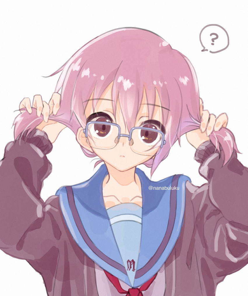 1girl ? artist_name bangs blue_sailor_collar brown_cardigan brown_eyes bunching_hair cardigan closed_mouth english_commentary expressionless eyebrows_visible_through_hair glasses hair_between_eyes hair_pulled_back highres holding holding_hair kita_high_school_uniform long_sleeves looking_at_viewer nagato_yuki nanabuluku open_cardigan open_clothes purple_hair red_ribbon ribbon sailor_collar school_uniform serafuku short_hair simple_background solo suzumiya_haruhi_no_yuuutsu twintails_day twitter_username upper_body watermark white_background