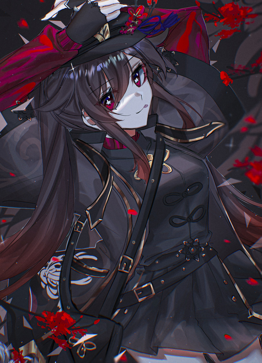 1girl absurdres black_nails brown_hair coat eyebrows_visible_through_hair flat_chest flower flower-shaped_pupils genshin_impact gloves gradient_hair hat highres hu_tao_(genshin_impact) kyrevoir looking_at_viewer multicolored_hair plum_blossoms red_eyes symbol-shaped_pupils tongue tongue_out