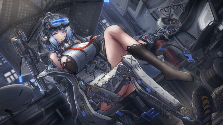 1girl ahoge assault_rifle blue_eyes blue_hair box breasts broken_window drone fire_extinguisher goggles goggles_on_head gun head-mounted_display headset highres huge_breasts jacket looking_at_viewer magazine_(weapon) mask mask_around_neck necktie off_shoulder original polo88kai prosthesis prosthetic_leg removing_legwear respirator rifle science_fiction single_sock sitting snap-fit_buckle socks solo umbrella weapon