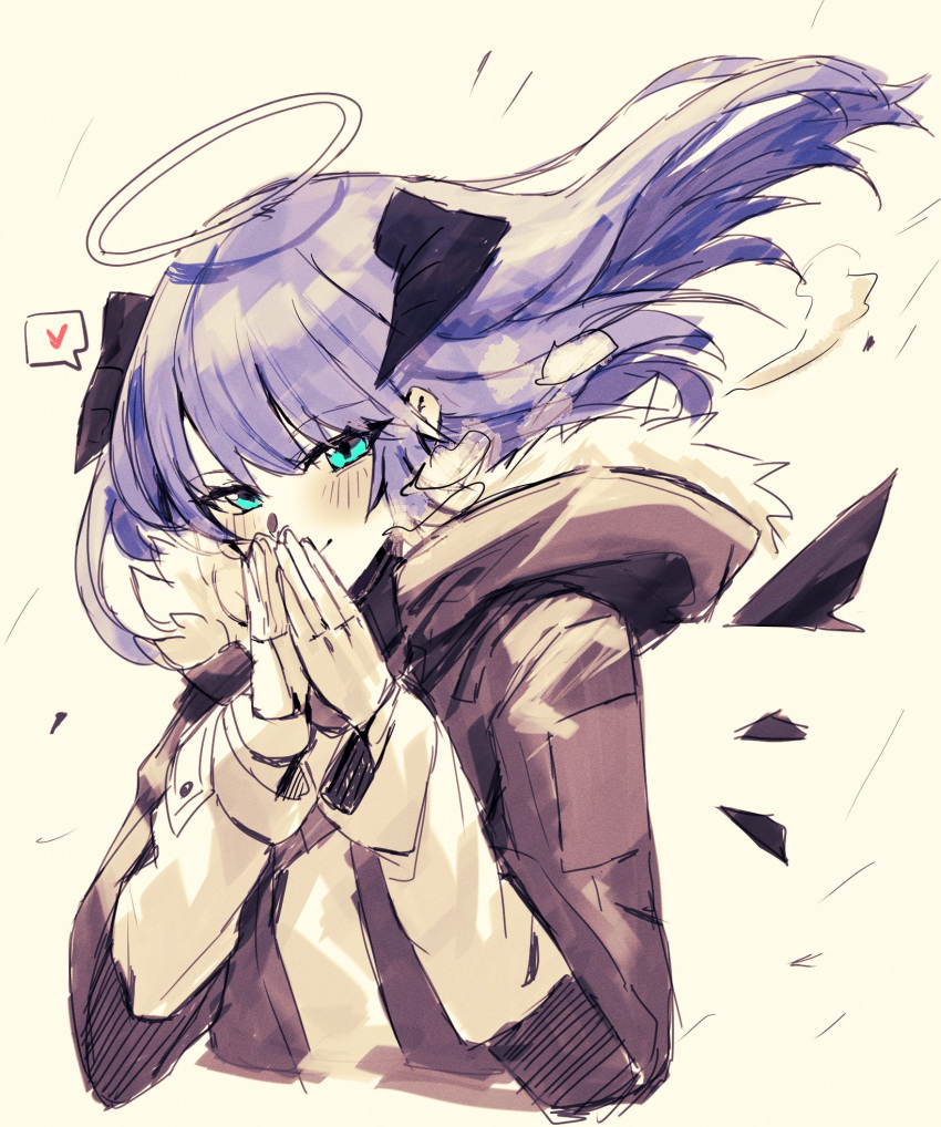 1girl aqua_eyes arknights black_coat blush closed_mouth coat cropped_torso detached_wings energy_wings fur-trimmed_hood fur_trim halo heart highres hood hood_down hooded_coat horns long_hair long_sleeves looking_at_viewer mostima_(arknights) own_hands_together purple_hair raw_egg_lent smile solo speech_bubble spoken_heart wings