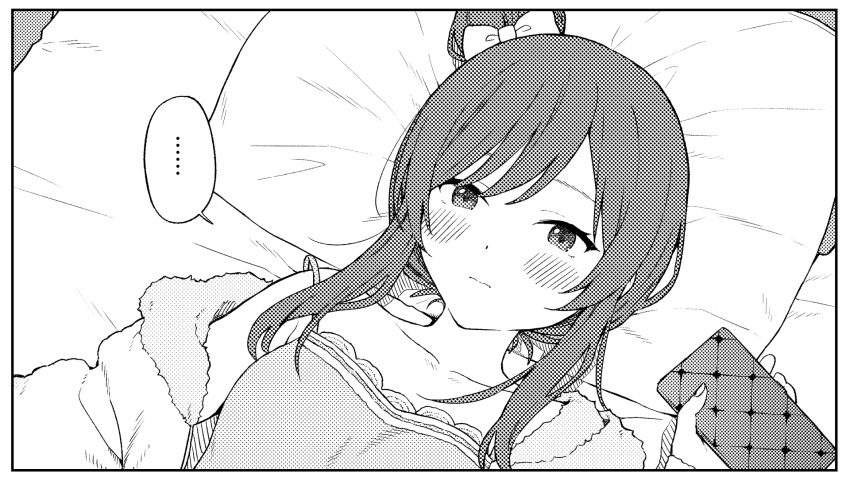 ... 1girl bed_sheet blush cellphone expressionless greyscale hair_bun halftone_texture highres holding holding_phone idolmaster idolmaster_shiny_colors lying mikazuchi_zeus monochrome on_back osaki_amana pajamas phone pillow single_side_bun solo spoken_ellipsis upper_body