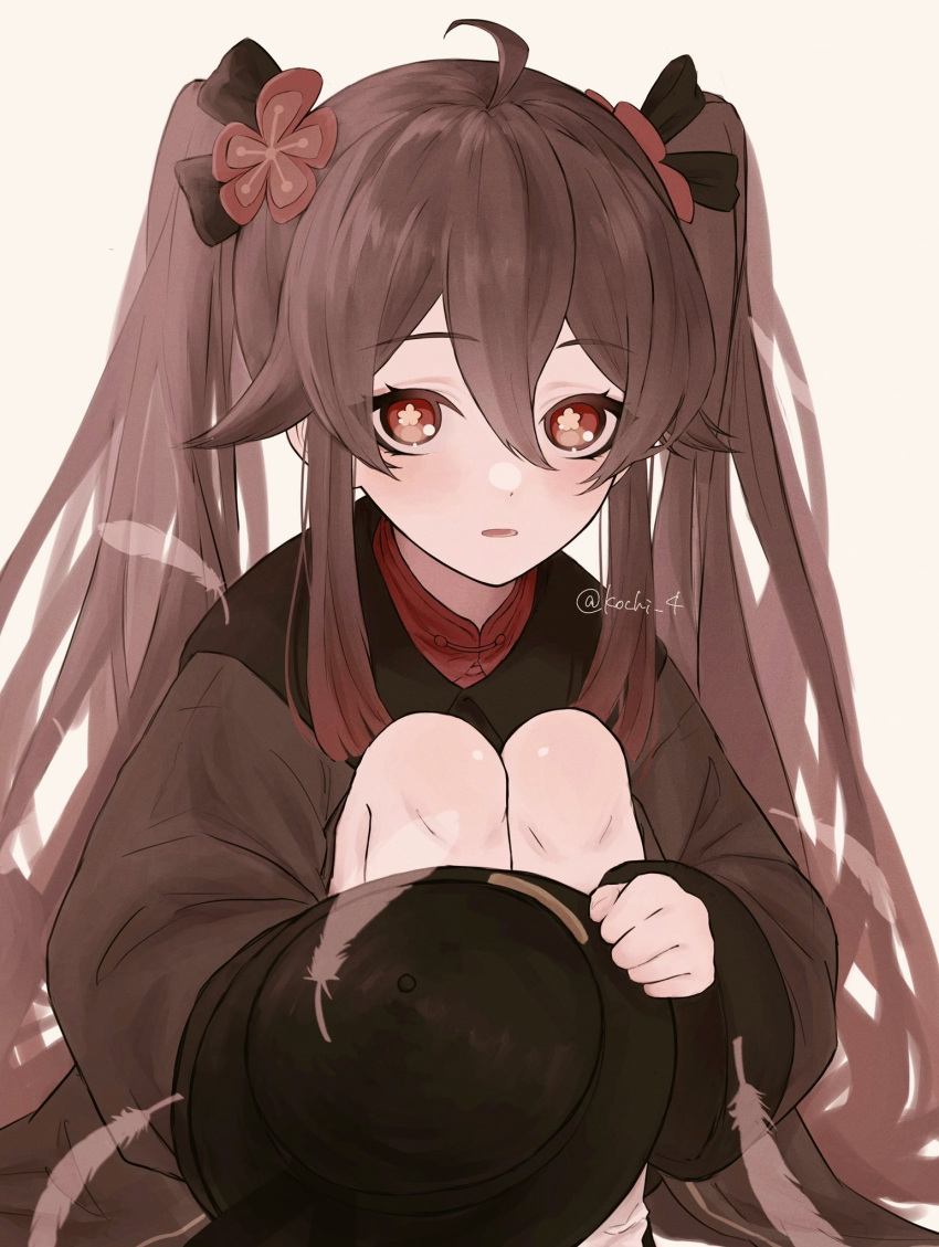 1girl blush brown_hair chinese_clothes coat eyebrows_visible_through_hair flat_chest flower-shaped_pupils genshin_impact hat highres holding holding_clothes holding_hat hu_tao_(genshin_impact) kochi_4 looking_at_viewer open_mouth red_eyes symbol-shaped_pupils twitter_username white_background