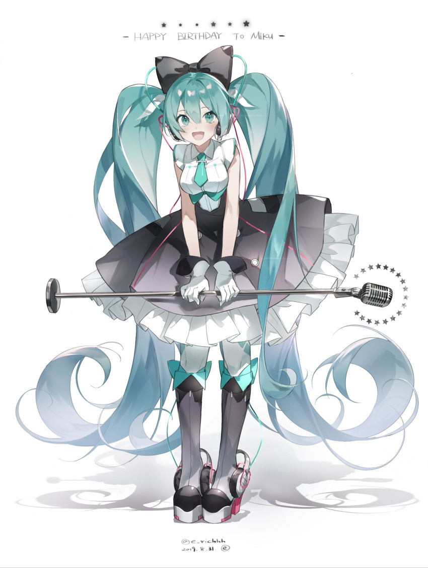 1girl :d absurdres aqua_eyes aqua_hair aqua_necktie black_bow black_skirt boots bow character_name dated e_(h798602056) english_text frilled_skirt frills full_body gloves hair_between_eyes hair_bow happy_birthday hatsune_miku headphones highres holding holding_microphone_stand long_hair microphone microphone_stand necktie open_mouth shadow shirt skirt smile solo standing twintails vocaloid white_background white_gloves white_shirt