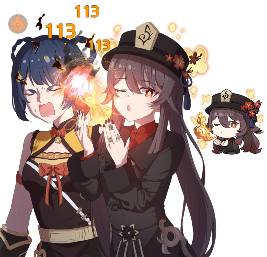 2girls ;o artist_request black_nails blue_hair brown_hair chinese_clothes closed_eyes coat eyebrows_visible_through_hair flower genshin_impact hair_ornament hat hayarob highres hu_tao_(genshin_impact) jewelry multiple_girls one_eye_closed open_mouth plum_blossoms porkpie_hat red_eyes reference_inset ring source_request star-shaped_pupils star_(symbol) symbol-shaped_pupils white_background xiangling_(genshin_impact)