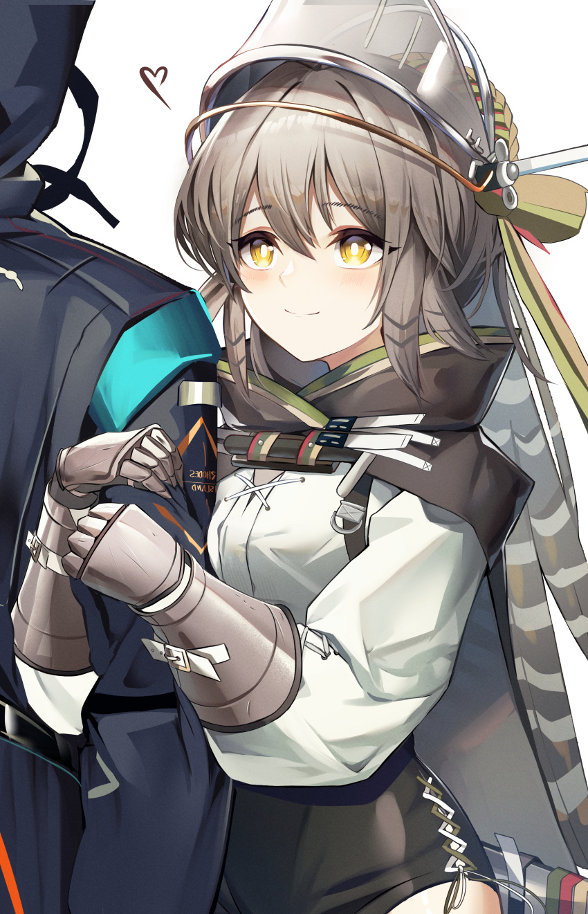 1girl 1other absurdres arknights arm_hug bangs black_cape black_coat black_shorts blush bright_pupils brown_hair cape closed_mouth coat cowboy_shot doctor_(arknights) eyebrows_visible_through_hair fartooth_(arknights) feather_hair gauntlets heart high-waist_shorts highres long_hair long_sleeves out_of_frame shiki44boku shirt shorts smile solo_focus very_long_hair visor_(armor) white_shirt yellow_eyes