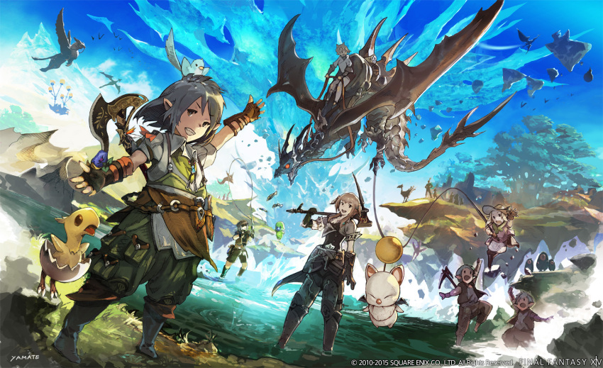 2girls 3boys animal_on_head arm_up armor artist_request au_ra avatar_(ff14) axe bird bird_on_head black_gloves boots brown_eyes chocobo collared_shirt copyright copyright_name crystal day dragon dutch_angle elbow_gloves final_fantasy final_fantasy_xiv fingerless_gloves fish fishing fishing_rod gloves grass greaves green_pants grey_hair griffin grin hatching_(texture) highres holding holding_axe holding_fishing_rod knee_boots lalafell looking_at_viewer midgardsormr moogle multiple_boys multiple_girls official_art on_head open_mouth outdoors pants people pointy_ears pouch reins riding riding_dragon ripples scenery shirt short_hair signature sky smile standing tree wading warrior_(final_fantasy) water weapon weapon_on_back white_shirt