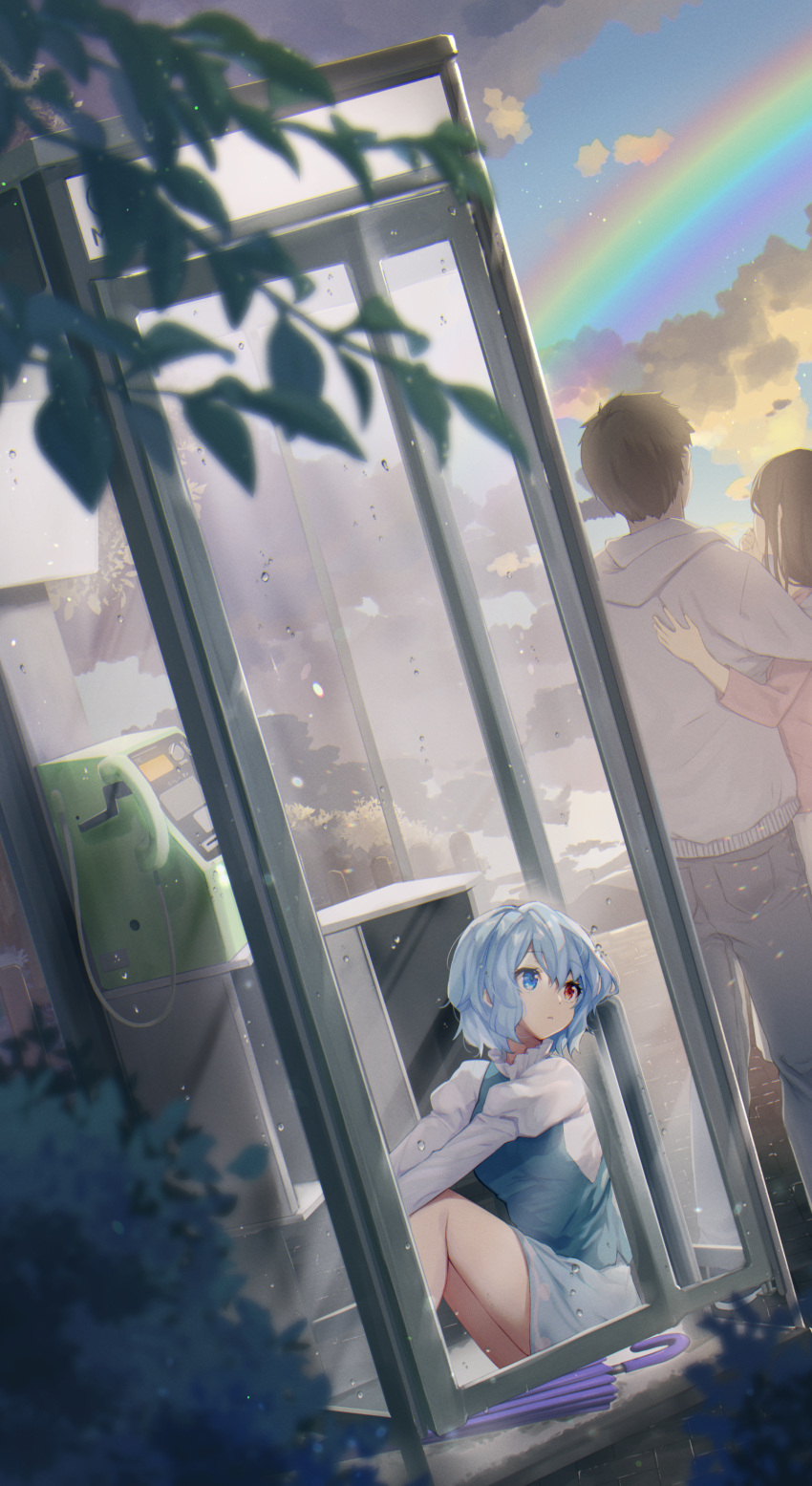 1boy 2girls absurdres bangs blue_eyes blue_hair blurry breasts clouds couple day depth_of_field facing_away heterochromia highres knees_up long_sleeves looking_to_the_side multiple_girls nnyara outdoors phone_booth plant rainbow red_eyes shirt short_hair sitting skirt solo_focus tatara_kogasa touhou white_shirt
