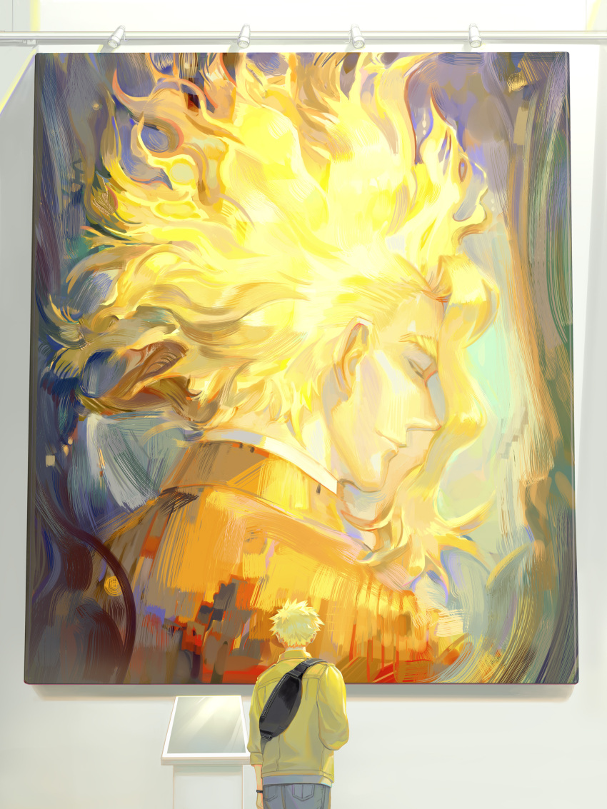 1boy absurdres all_might arm_at_side art_gallery backpack bag bakugou_katsuki blonde_hair boku_no_hero_academia commentary english_commentary facing_away from_behind highres indoors male_focus painting_(object) pants portrait_(object) red_eyes shirt short_hair solo spiky_hair taro-k yellow_shirt