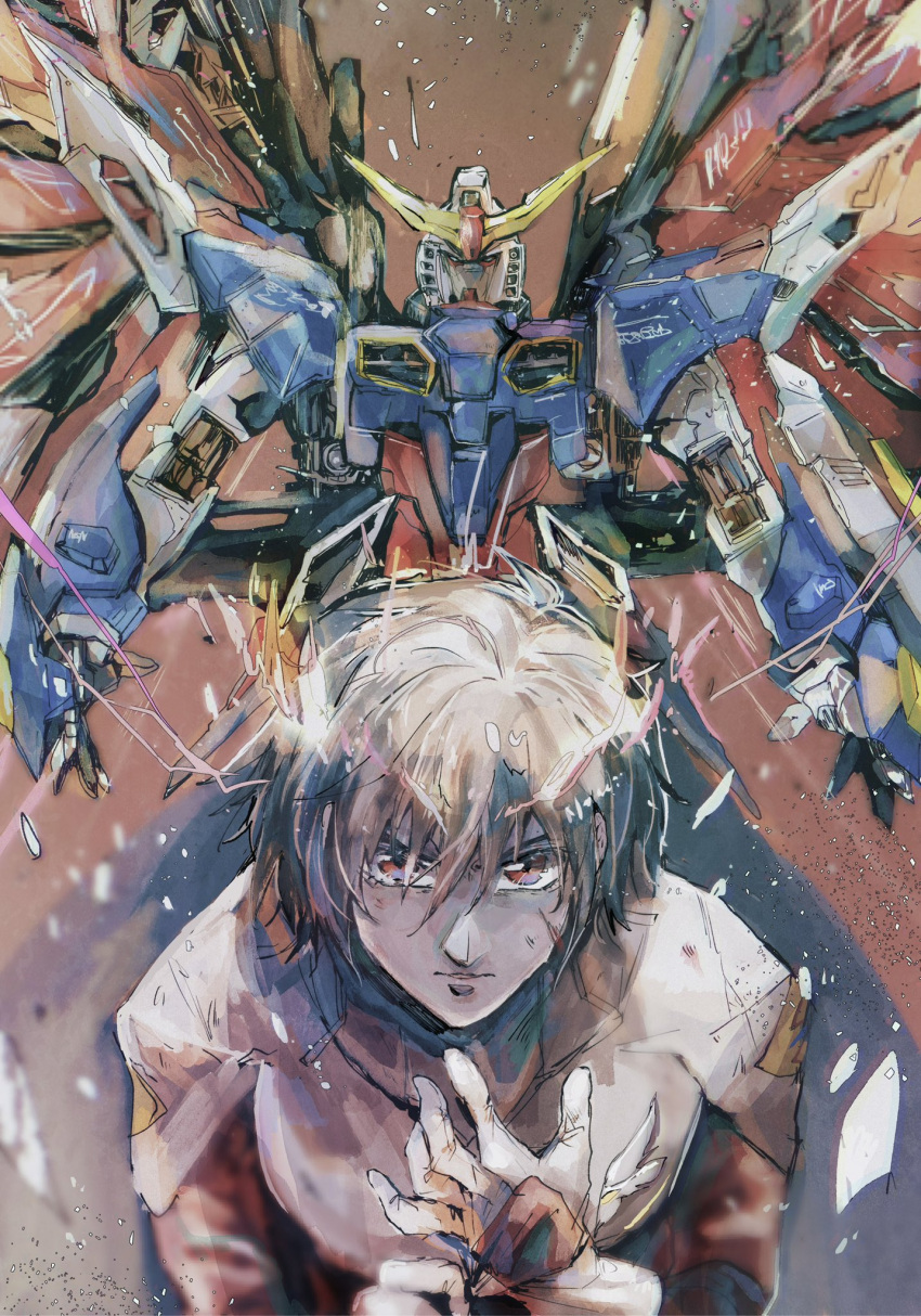 1boy adjusting_clothes adjusting_gloves bangs black_hair commentary destiny_gundam gloves gundam gundam_seed gundam_seed_destiny highres kare_(0621utak) looking_at_viewer male_focus mecha mechanical_wings mobile_suit pilot_suit red_eyes red_wings science_fiction shinn_asuka solo upper_body v-fin wings