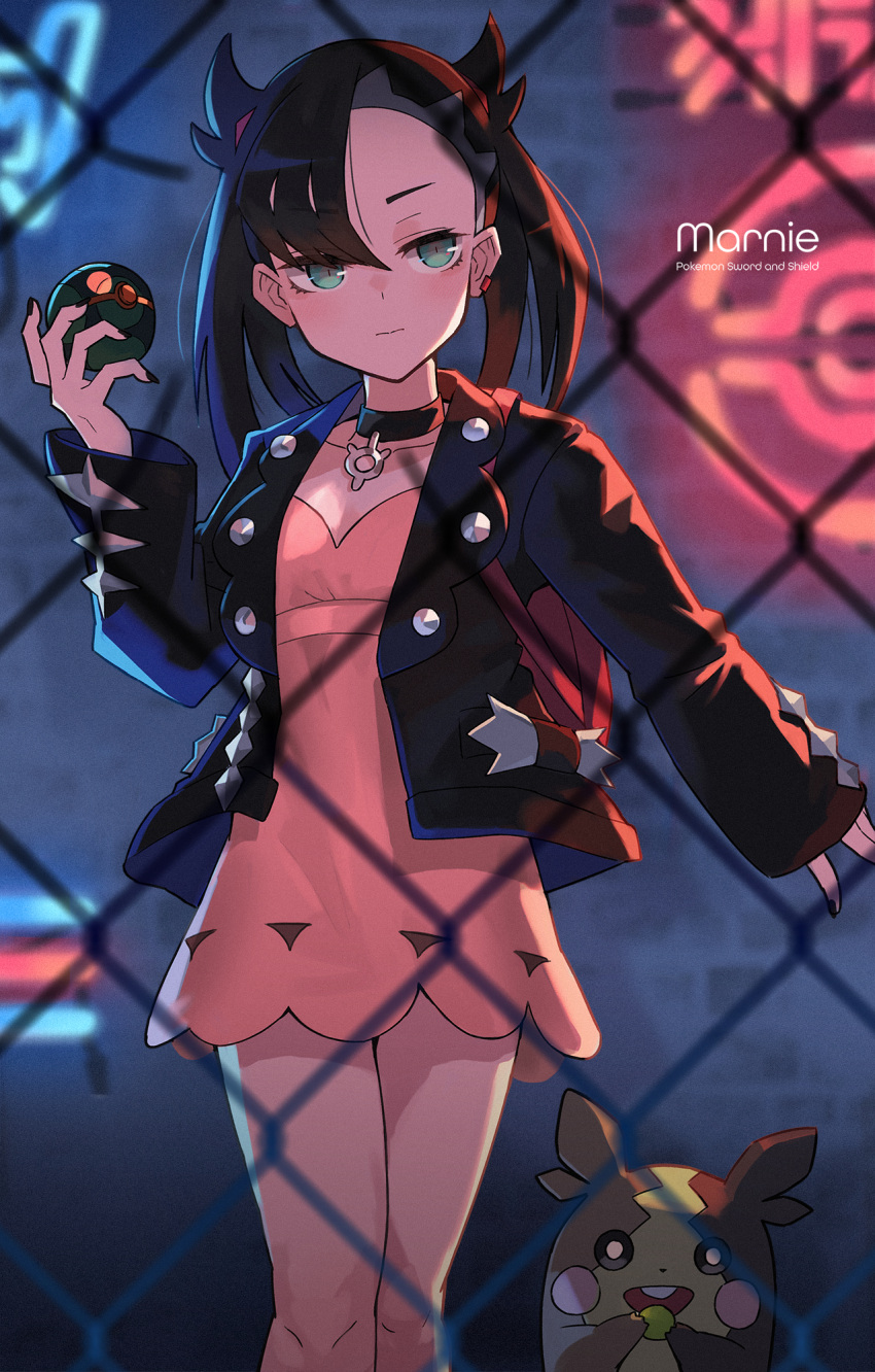1girl asymmetrical_bangs backpack bag bangs black_choker black_hair black_jacket black_nails blurry blurry_background chain-link_fence character_name choker closed_mouth copyright_name depth_of_field dress dusk_ball ear_piercing expressionless facing_viewer fence green_eyes highres holding holding_poke_ball jacket katsu_(katsupainter) looking_to_the_side marnie_(pokemon) morpeko morpeko_(full) piercing pink_dress poke_ball pokemon pokemon_(creature) pokemon_(game) pokemon_swsh short_dress twintails undercut