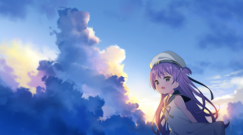 1girl :d beret black_sailor_collar blue_sky blush clouds cloudy_sky dress fang grey_eyes hat highres katou_umi long_hair meito_(maze) neck_ribbon outdoors purple_hair ribbon sailor_collar sailor_dress sky sleeveless sleeveless_dress smile solo summer_pockets sunset two_side_up very_long_hair white_dress white_headwear yellow_ribbon