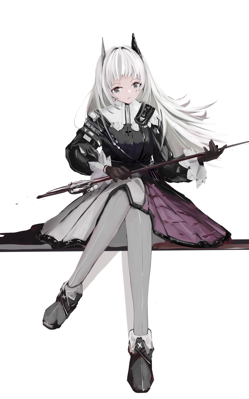 1girl absurdres arknights bangs black_footwear black_jacket grey_eyes grey_legwear head_wings highres holding holding_sword holding_weapon irene_(arknights) jacket long_hair long_sleeves pantyhose rapier shoes simple_background sitting skirt solo sword tangcu weapon white_background white_hair