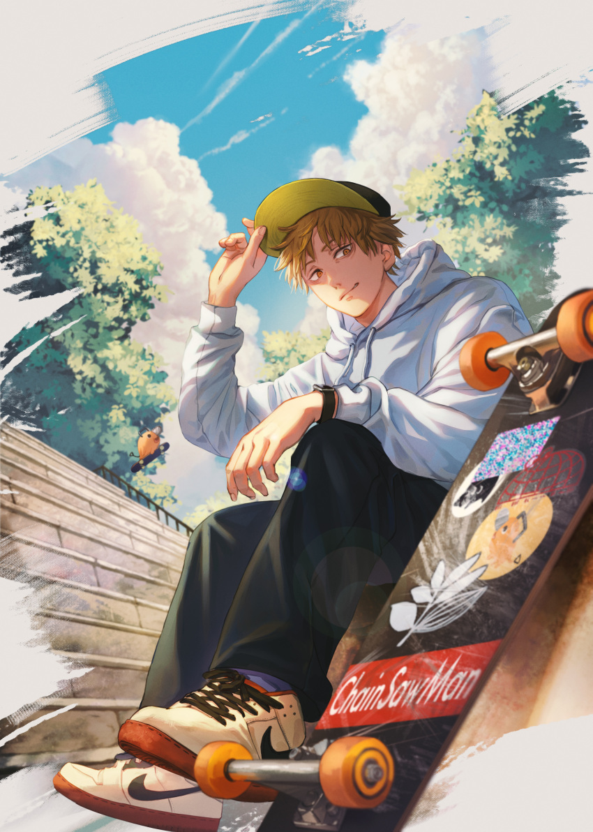 1boy absurdres adidas alternate_costume baseball_cap black_pants blonde_hair chainsaw_man champi clouds commentary copyright_name denji_(chainsaw_man) from_below hand_on_headwear hand_up hat highres hood hood_down hoodie lens_flare looking_at_viewer male_focus outdoors pants pochita_(chainsaw_man) shoes short_hair sitting skateboard sky smirk sneakers solo tree watch watch white_footwear white_hoodie yellow_eyes