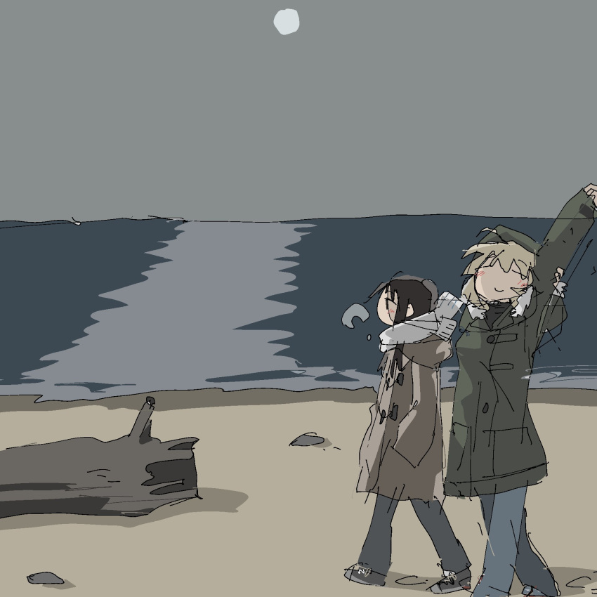 2girls bangs beach black_hair blonde_hair blue_pants blush brown_coat chito_(shoujo_shuumatsu_ryokou) closed_eyes closed_mouth clouds cloudy_sky coat footprints fur-trimmed_coat fur_trim green_coat grey_sky highres hooded_coat horizon log low_twintails moon multiple_girls night overcast pants rock sand scarf shore shoujo_shuumatsu_ryokou sigh sky smile stretch tsukumizu_yuu twintails water white_scarf yuuri_(shoujo_shuumatsu_ryokou)