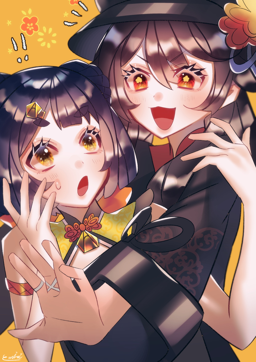 ! !! 2girls absurdres blue_hair brown_hair chinese_clothes coat emiri_(user_ggkz7554) eyebrows_visible_through_hair flat_chest flower flower-shaped_pupils genshin_impact hair_ornament highres hu_tao_(genshin_impact) long_hair long_sleeves multiple_girls open_mouth plum_blossoms red_eyes symbol-shaped_pupils xiangling_(genshin_impact) yellow_background yellow_eyes