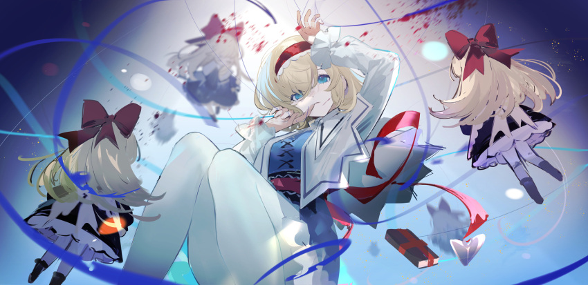 1girl alice_margatroid blonde_hair blood blue_dress blue_eyes capelet commentary cuts doll dress feet_out_of_frame finger_to_mouth frilled_sleeves frills grimoire_of_alice hairband hands_up highres injury long_sleeves looking_at_viewer medium_hair pantyhose red_hairband red_ribbon ribbon satonishi shirt solo string touhou white_capelet white_legwear white_shirt