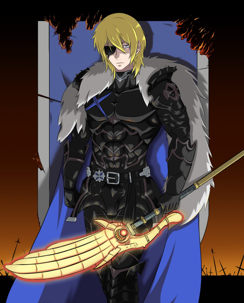 areadbhar_(fire_emblem) armor belt belt_buckle black_armor blonde_hair blue_eyes buckle cape dimitri_alexandre_blaiddyd ememtrp eyepatch fire fire_emblem fire_emblem:_three_houses flag gauntlets glowing glowing_weapon highres pale_skin polearm spear torn_flag weapon