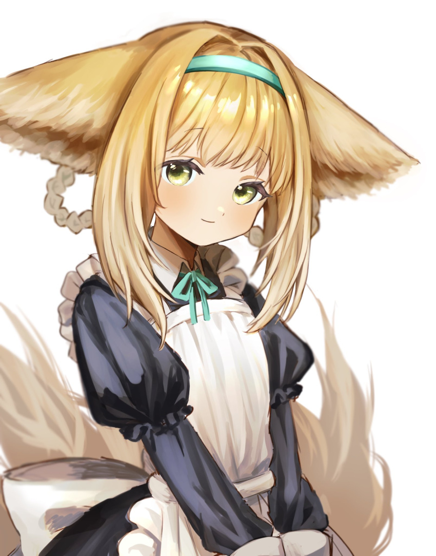 1girl alternate_costume animal_ears apron arknights bangs braid commentary_request enmaided eyebrows_visible_through_hair fox_ears fox_girl fox_tail gradient_hair hair_between_eyes hairband highres kesuk0 kyuubi light_brown_hair long_hair long_sleeves looking_at_viewer maid maid_apron multicolored_hair multiple_tails sidelocks simple_background smile solo suzuran_(arknights) tail twin_braids v_arms white_background yellow_eyes