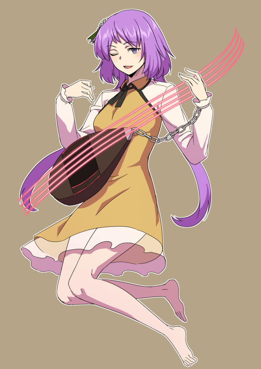 1girl barefoot biwa_lute brown_background chain dress eyebrows_visible_through_hair flower full_body hair_flower hair_ornament highres holding holding_instrument instrument kakone long_hair long_sleeves looking_at_viewer lute_(instrument) one-hour_drawing_challenge one_eye_closed open_mouth purple_hair simple_background solo touhou tsukumo_benben violet_eyes yellow_dress