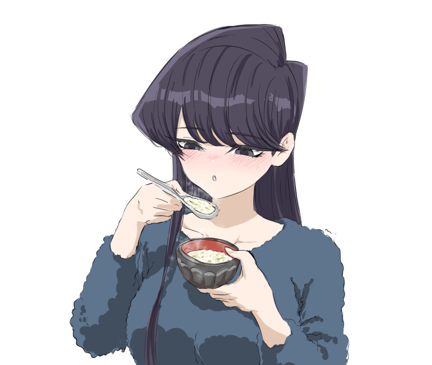 1girl bangs black_eyes black_hair blush bowl breasts eyebrows_behind_hair eyebrows_visible_through_hair food highres holding holding_bowl holding_spoon komi-san_wa_komyushou_desu komi_shouko long_hair looking_down mitsugu open_mouth simple_background solo spoon sweater upper_body white_background