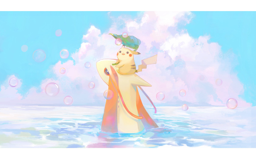 bright_pupils bubble clouds colored_sclera day gigigimimi highres holding holding_leaf leaf letterboxed looking_up milotic no_humans on_head outdoors pikachu pokemon pokemon_(creature) pokemon_on_head red_sclera sky smile water white_pupils