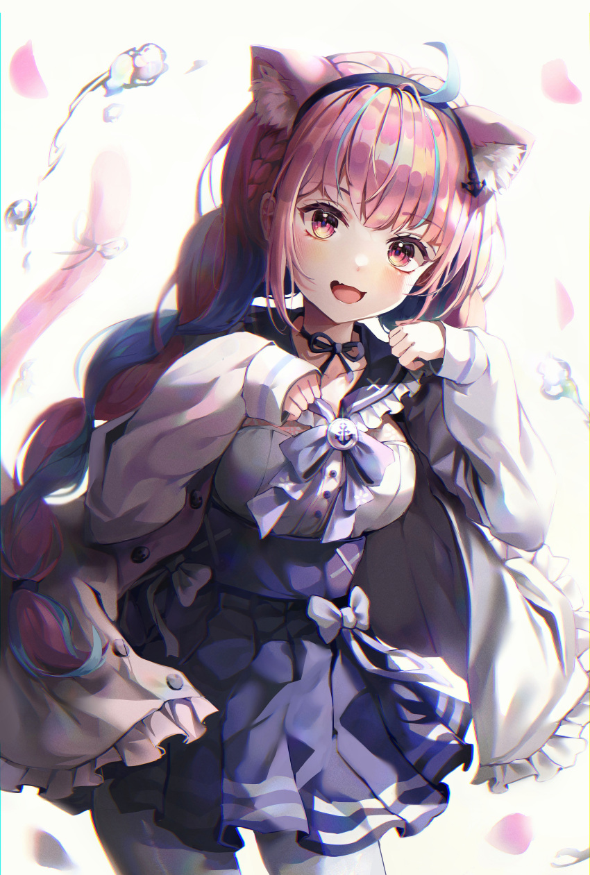 1girl :d absurdres ahoge animal_ear_fluff animal_ears bangs black_bow black_bowtie black_hairband blue_dress blue_hair blush bow bowtie braid cat_ears cat_girl cat_tail collarbone commentary_request dress dress_bow extra_ears eyebrows_visible_through_hair hairband highres hololive long_hair looking_at_viewer minato_aqua mirage_(rairudiseu) open_mouth pantyhose pink_eyes pink_hair sailor_dress shiny shiny_hair short_dress smile solo tail tail_bow tail_ornament tail_raised twin_braids very_long_hair virtual_youtuber white_dress white_legwear