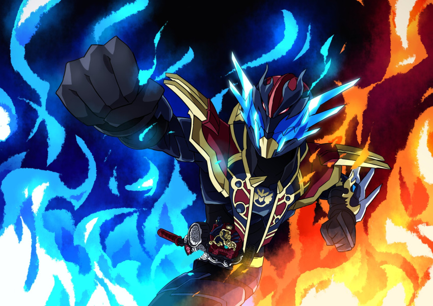 1boy black_bodysuit blue_armor blue_eyes blue_fire bodysuit build_driver clenched_hands commentary_request crank cross-z_great dragon finishing_move fire flame flame_print galaxy glowing glowing_armor glowing_eyes gold_trim highres incoming_attack incoming_punch kamen_rider kamen_rider_build_(series) kamen_rider_cross-z male_focus otokamu punching ribbed_bodysuit science_fiction solo tokusatsu universe western_dragon