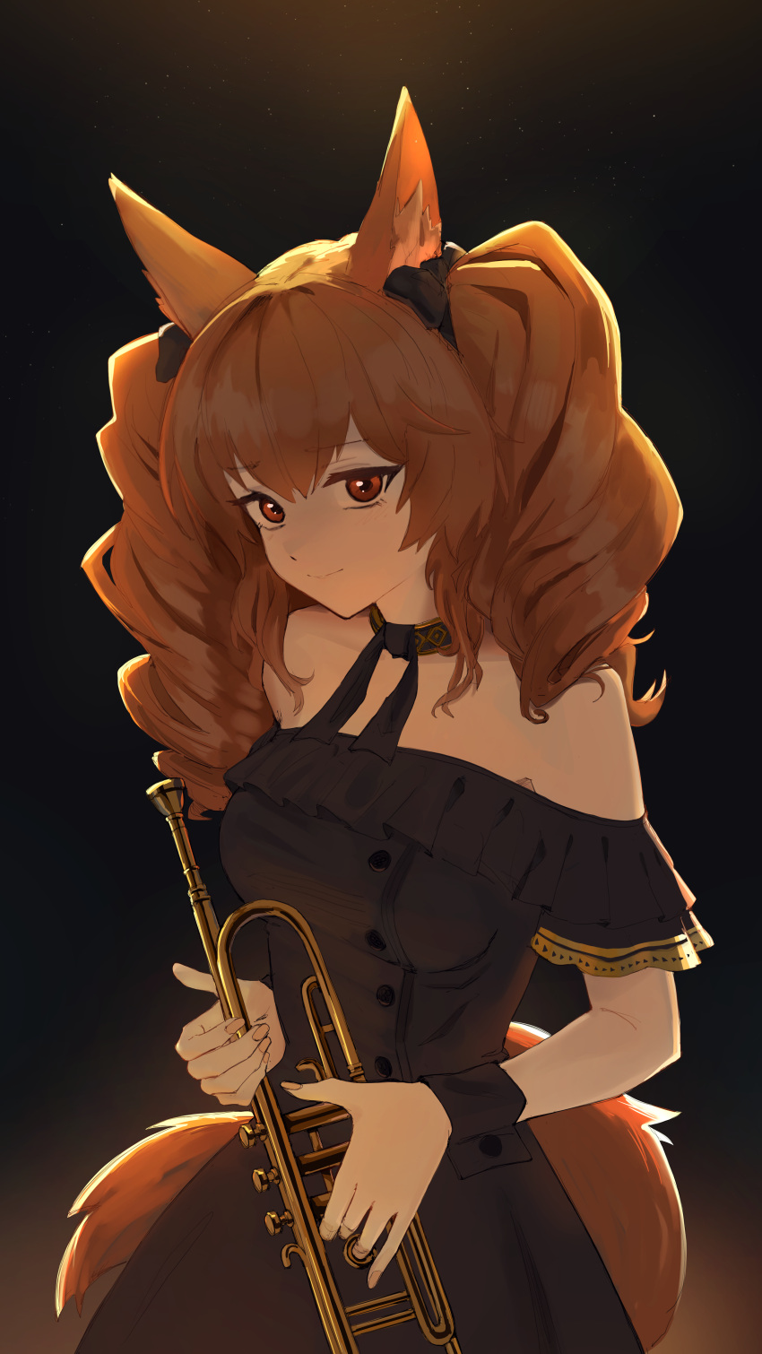 1girl absurdres ambience_synesthesia angelina_(arknights) animal_ear_fluff animal_ears arknights bangs black_bow black_dress black_ribbon bow breasts brown_hair closed_mouth cowboy_shot dress eyebrows_visible_through_hair fox_ears fox_girl fox_tail frilled_dress frills hair_bow highres holding holding_instrument instrument long_hair looking_at_viewer medium_breasts neck_ribbon off-shoulder_dress off_shoulder official_alternate_costume radioneet red_eyes ribbon short_sleeves smile solo tail tail_through_clothes trumpet twintails wristband