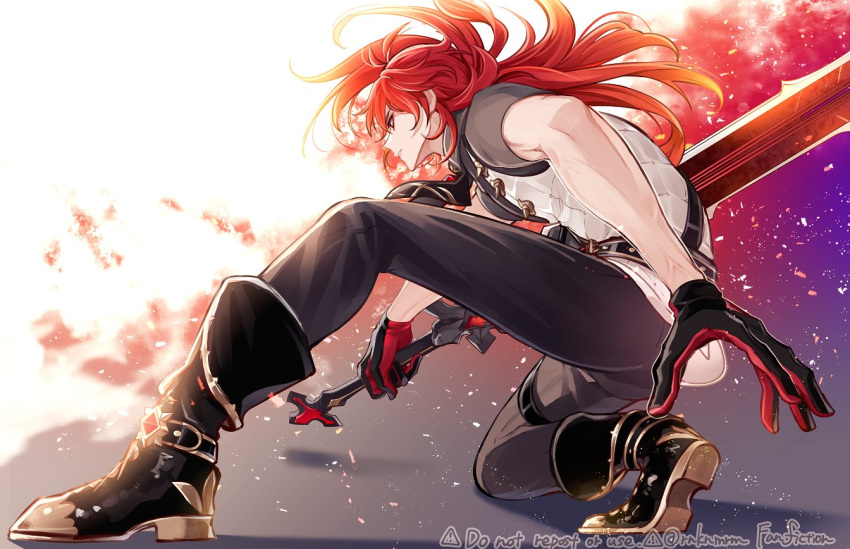 antenna_hair ass bangs black_gloves boots claymore_(sword) crossed_bangs diluc_(genshin_impact) genshin_impact gloves holding holding_weapon long_hair multicolored_clothes multicolored_gloves necktie pants red_eyes redhead rnknmrm simple_background sword transparent_background very_long_hair vest weapon