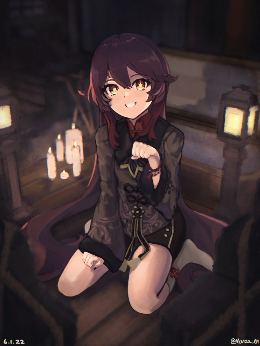 1girl absurdres black_nails brown_hair candle chinese_clothes coat flat_chest flower-shaped_pupils full_body genshin_impact gradient_hair highres hu_tao_(genshin_impact) long_hair looking_at_viewer manzazappers multicolored_hair open_mouth red_eyes seiza shorts sitting smile socks symbol-shaped_pupils teeth thighs