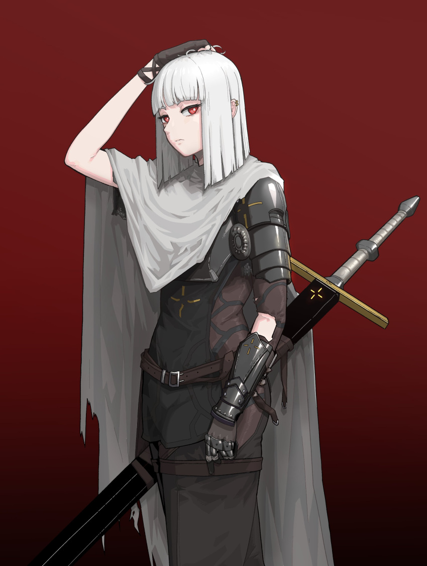 1girl absurdres arm_up armor bangs belt blunt_bangs blunt_ends bright_pupils cape character_request cowboy_shot gloves gradient gradient_background grey_cape highres looking_at_viewer medium_hair original red_background red_eyes rusellunt single_sleeve solo sword weapon white_hair white_pupils