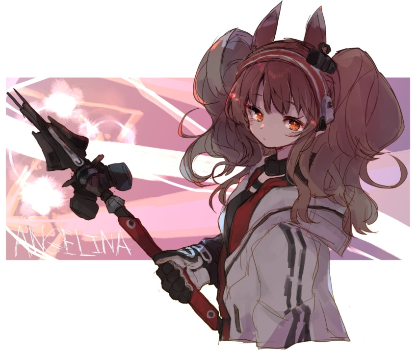 1girl angelina_(arknights) animal_ears arknights bangs black_gloves black_shirt blush brown_hair character_name closed_mouth coat collar cropped_torso electricity eyebrows_visible_through_hair fox_ears gloves hairband holding holding_staff hood hood_down hooded_coat jacket jamir long_hair open_clothes open_jacket orange_eyes red_hairband red_jacket shirt sidelocks solo staff twintails upper_body white_coat