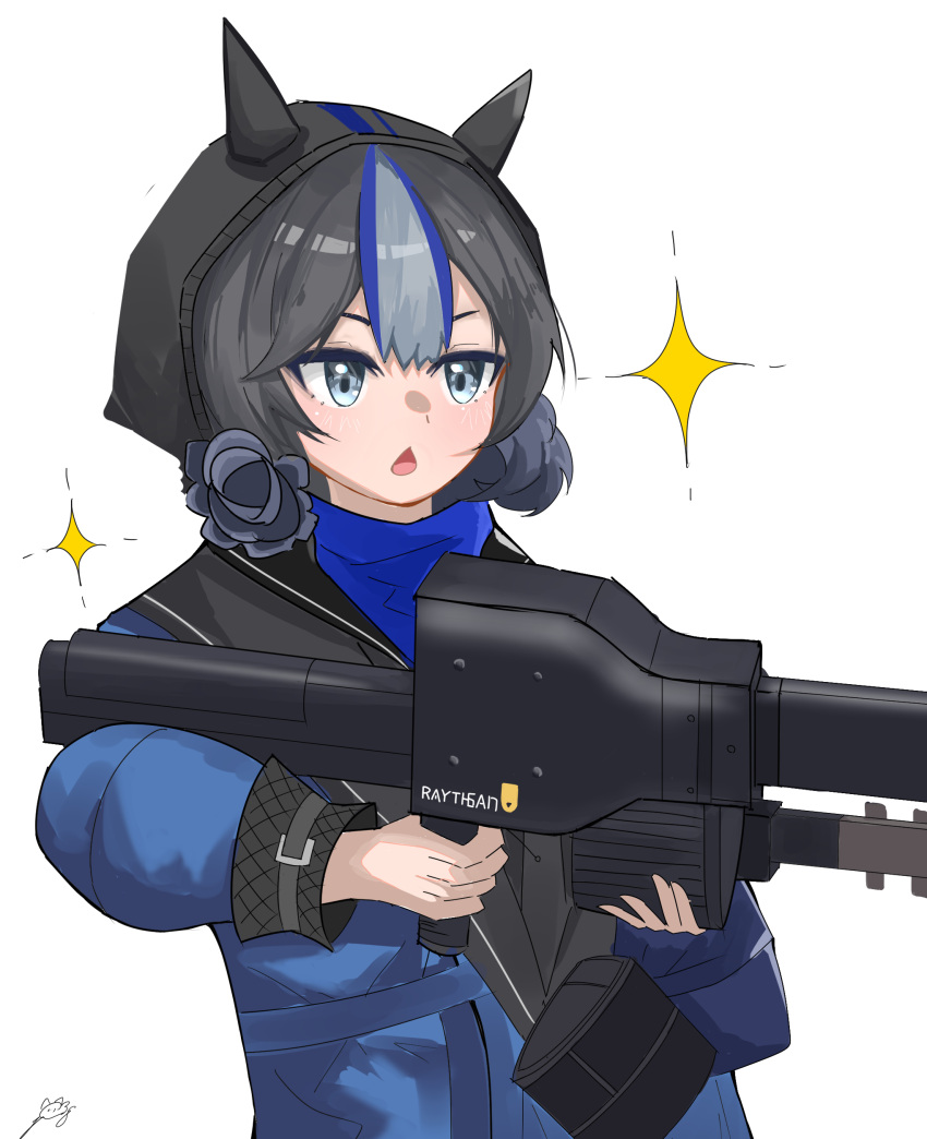 1girl :o absurdres arknights bangs blue_eyes blue_hair chestnut_mouth double_bun glaucus_(arknights) hair_bun hat highres holding holding_weapon jinn_saya38 long_sleeves multicolored_hair railgun solo sparkle streaked_hair weapon white_background