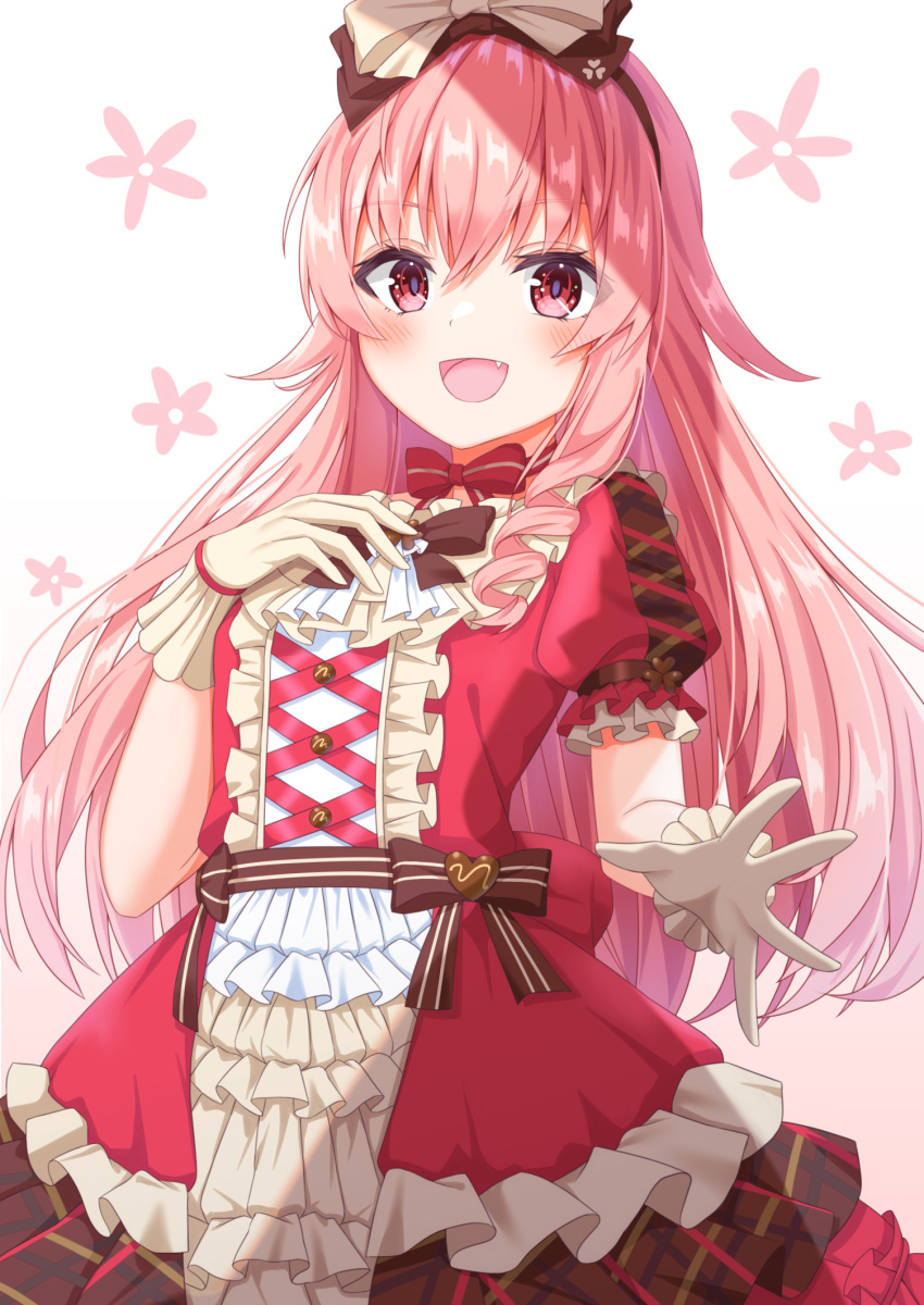 1girl bangs bow divergenceok dress fang frills hair_bow highres long_hair looking_at_viewer momoi_airi open_mouth pink_eyes pink_hair project_sekai puffy_sleeves ribbon simple_background smile solo