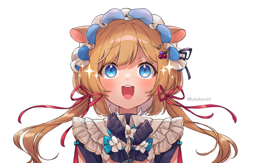 1girl animal_ears blonde_hair blue_eyes blush eli_conifer goshi-san highres long_hair maid_headdress nijisanji open_mouth portrait simple_background solo sparkle sweat sweating_profusely twintails twitter_username virtual_youtuber white_background