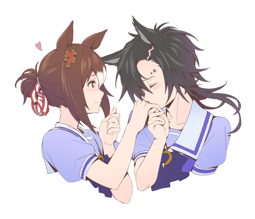 2girls air_shakur_(umamusume) animal_ears bangs black_hair blush bow bowtie brown_hair closed_eyes closed_mouth clover_hair_ornament cropped_torso eyebrow_piercing fine_motion_(umamusume) hair_bun hair_ornament heart highres holding_hands horse_ears kiss kissing_hand looking_at_another looking_at_viewer multicolored_hair multiple_girls parted_bangs piercing puffy_short_sleeves puffy_sleeves purple_bow purple_bowtie purple_shirt sailor_collar shirt short_sleeves simple_background sinnra_art two-tone_hair umamusume upper_body white_background yuri