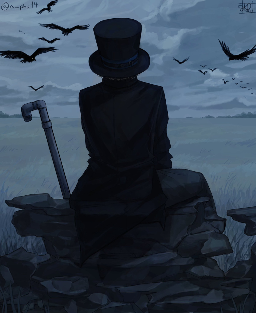 1boy a_phu coat dark from_behind hat highres industrial_pipe male_focus one_piece outdoors sabo_(one_piece) sitting solo top_hat