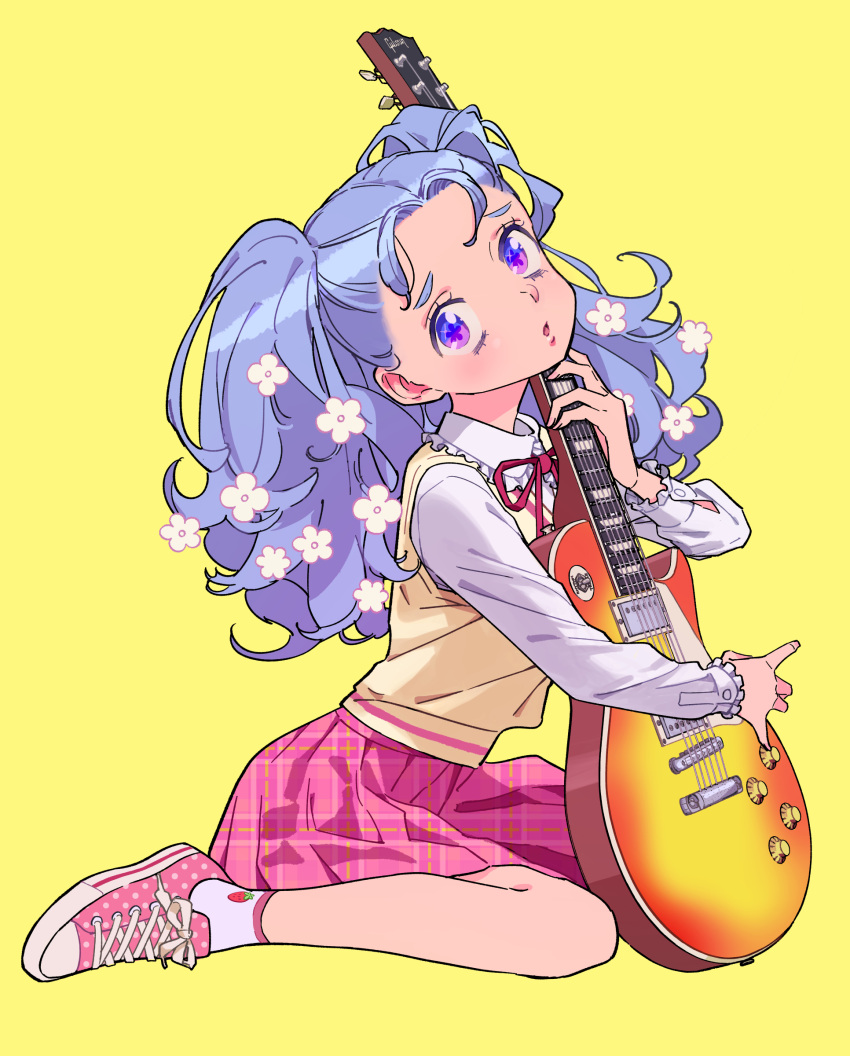 1girl absurdres blue_eyes blue_hair character_request collared_shirt flower girl_crush guitar hair_flower hair_ornament highres instrument long_hair pink_footwear pink_skirt plaid plaid_skirt pleated_skirt shirt shoes simple_background skirt socks solo tayama_midori twintails unmoving_pattern vest white_flower white_shirt yellow_background yellow_vest